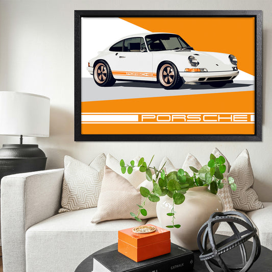 Porsche 911 White & Orange Stripes Canvas Art Print