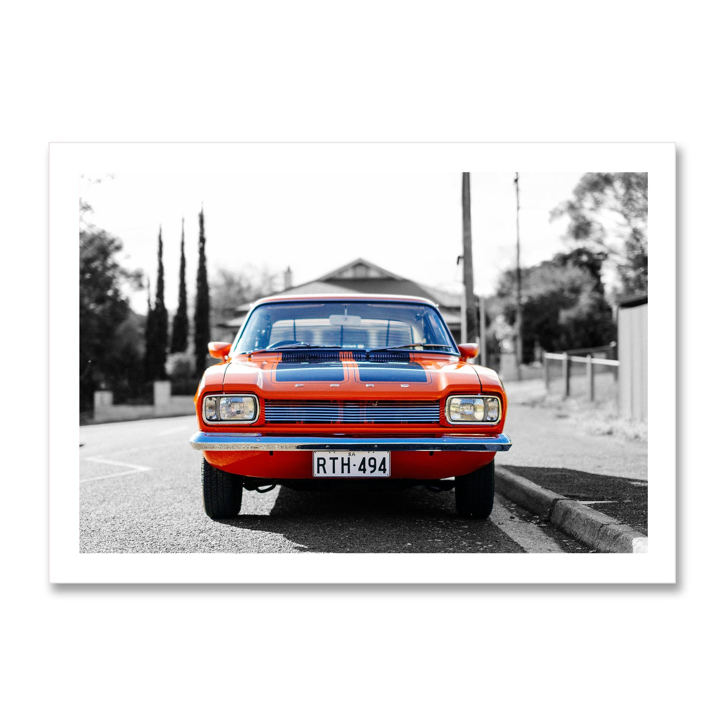 1970s MK1 Ford Capri - Vista Orange Black Stripes Art Print