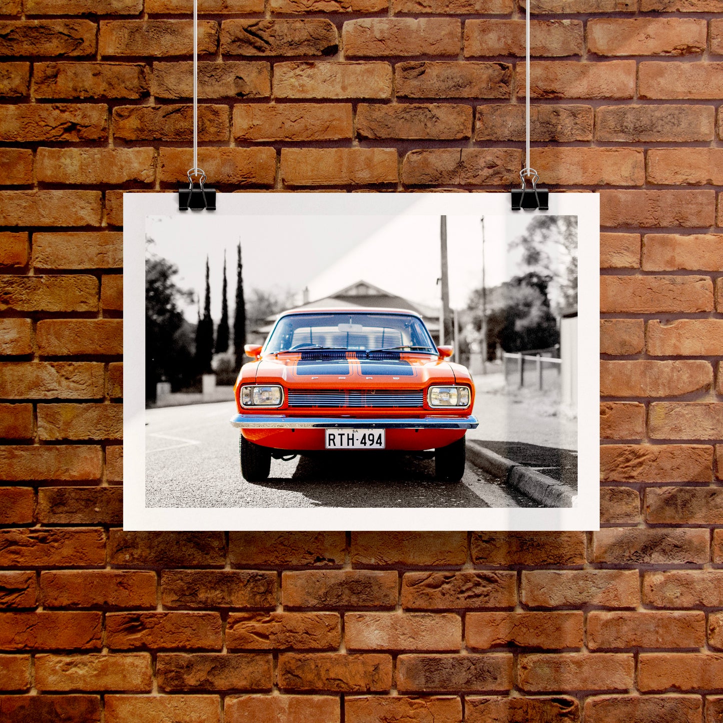 1970s MK1 Ford Capri - Vista Orange Black Stripes Art Print