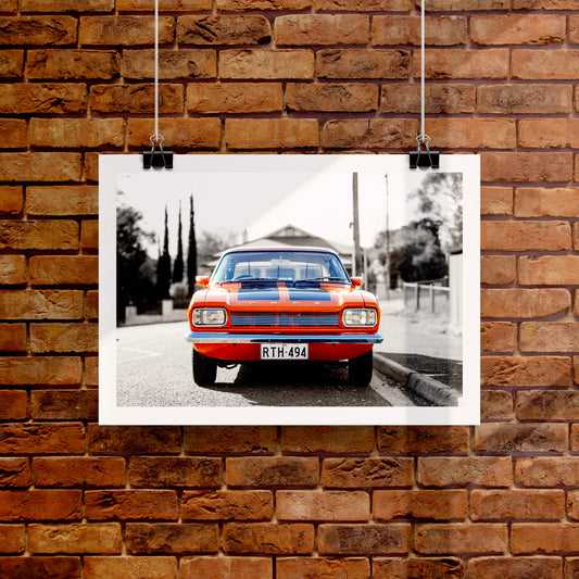 1970s MK1 Ford Capri - Vista Orange Black Stripes Art Print