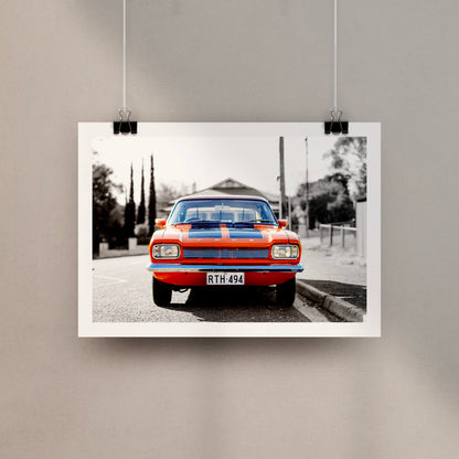 1970s MK1 Ford Capri - Vista Orange Black Stripes Art Print