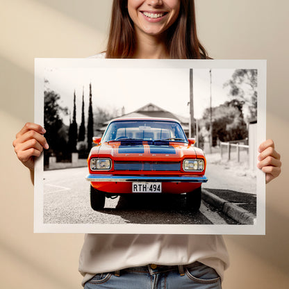 1970s MK1 Ford Capri - Vista Orange Black Stripes Art Print