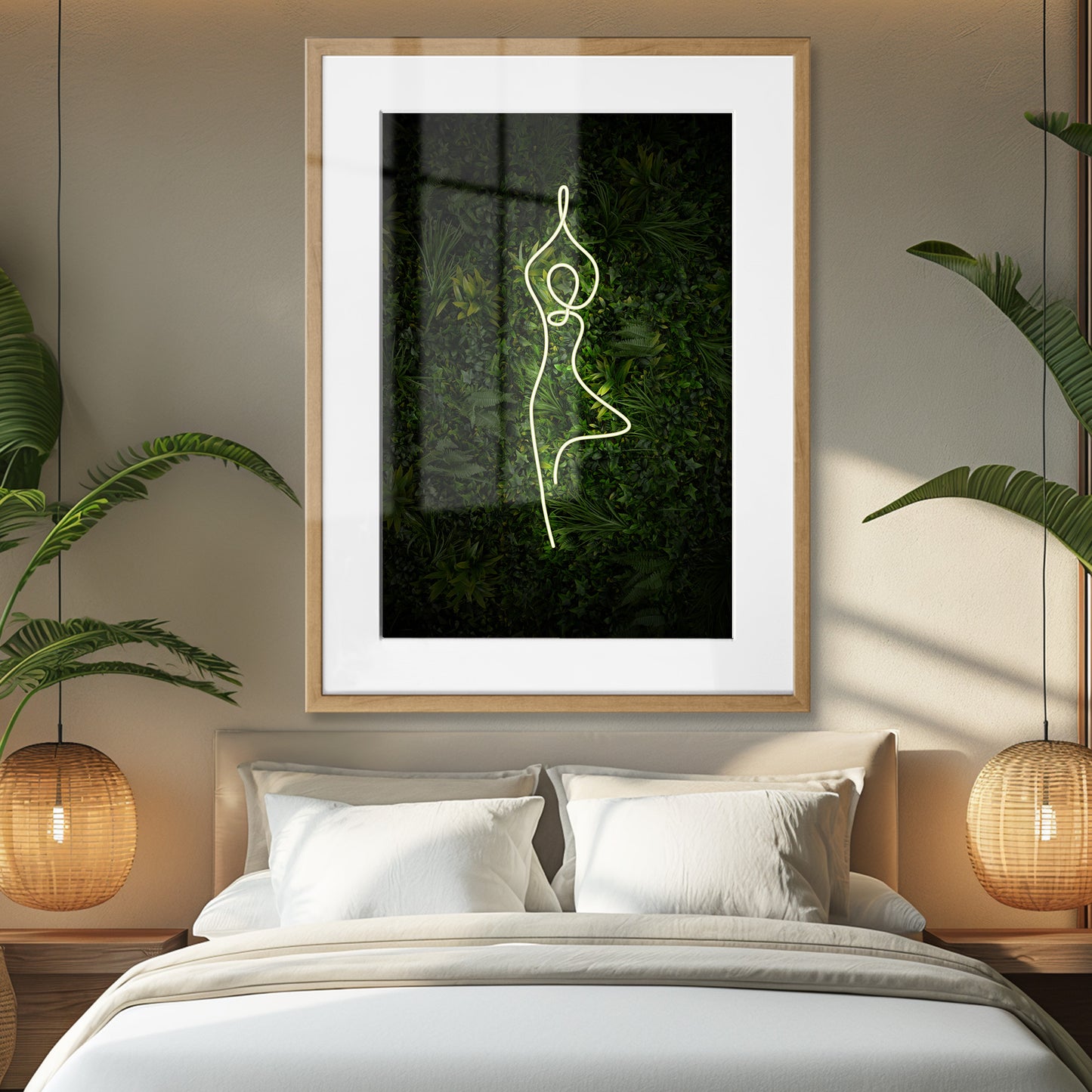 Yoga Tree Pose Neon Framed Art Print