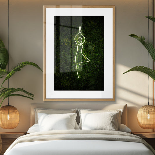 Yoga Tree Pose Neon Framed Art Print