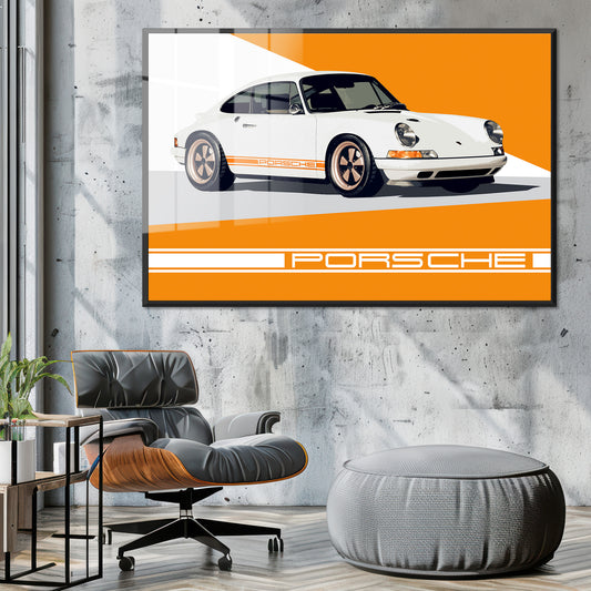 Porsche 911 White & Orange Stripes Acrylic Art Print