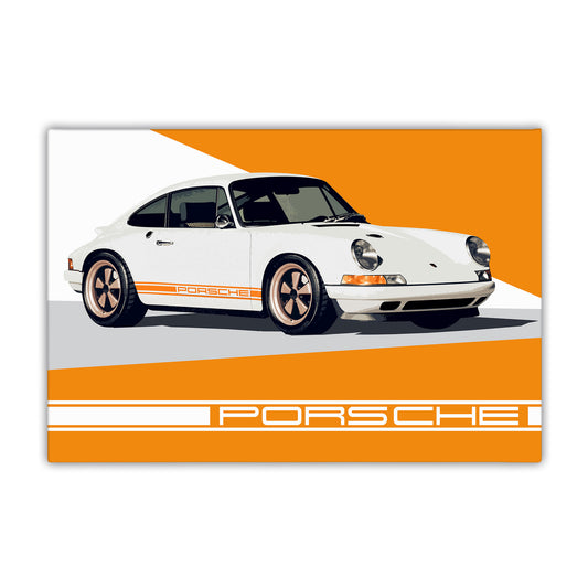 Porsche 911 White & Orange Stripes Canvas Art Print