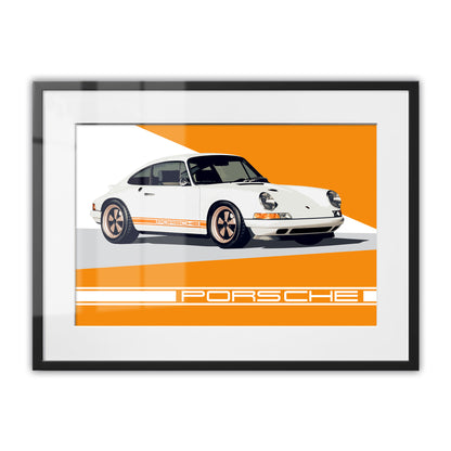 Porsche 911 White & Orange Stripes Framed Art Print