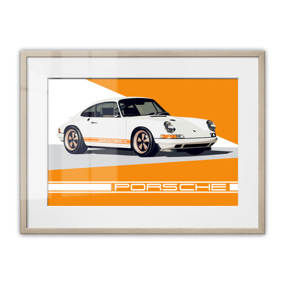 Porsche 911 White & Orange Stripes Framed Art Print