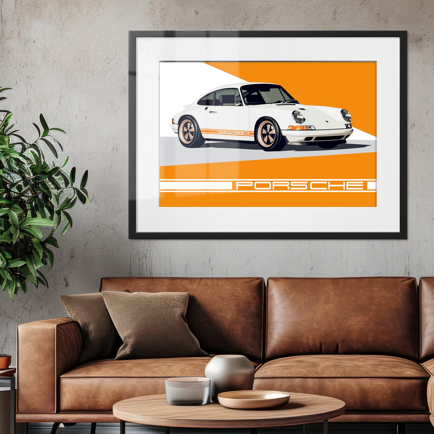 Porsche 911 White & Orange Stripes Framed Art Print