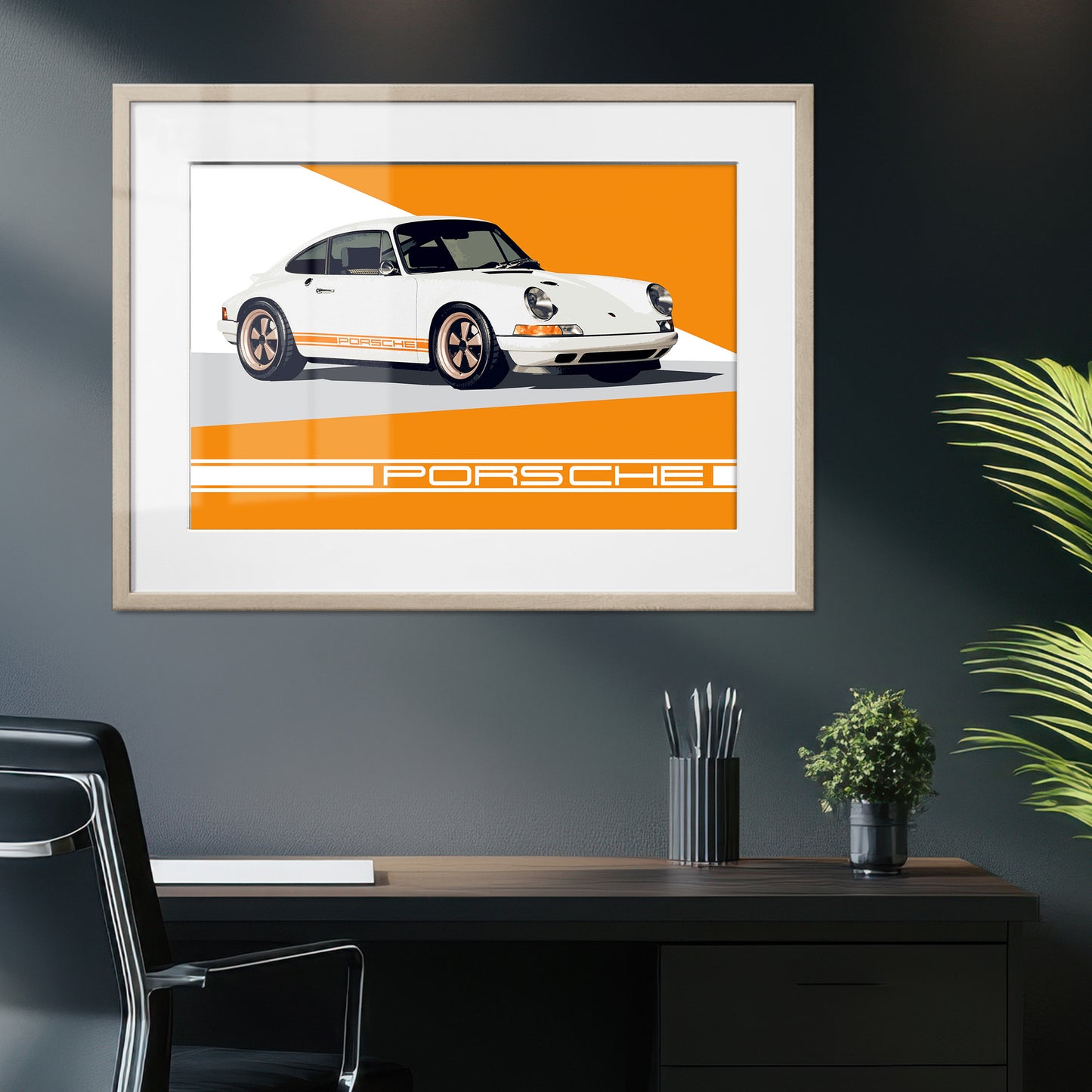 Porsche 911 White & Orange Stripes Framed Art Print