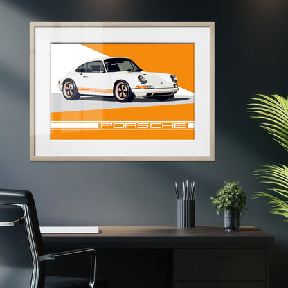 Porsche 911 White & Orange Stripes Framed Art Print