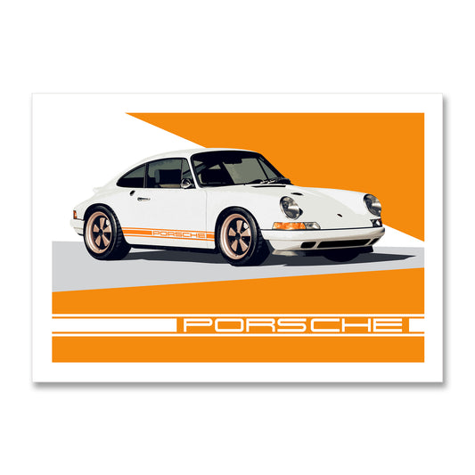 Porsche 911 White & Orange Stripes Poster Print