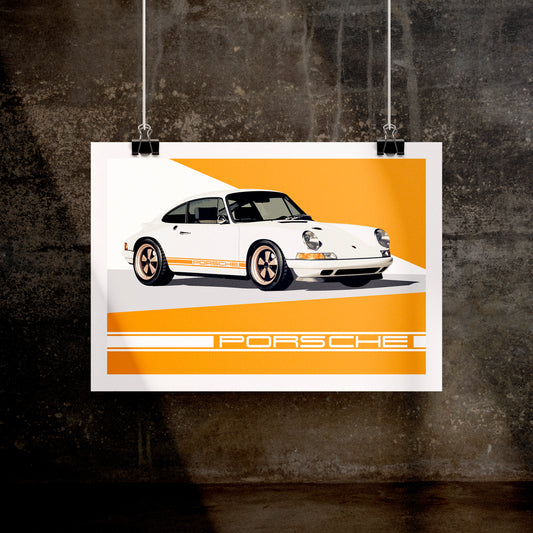 Porsche 911 White & Orange Stripes Poster Print